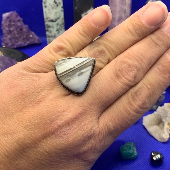 Comfort Curl Natural Blue Opal Adjustable Ring! .925 Sterling Silver Overlay - Picture 10 of 17